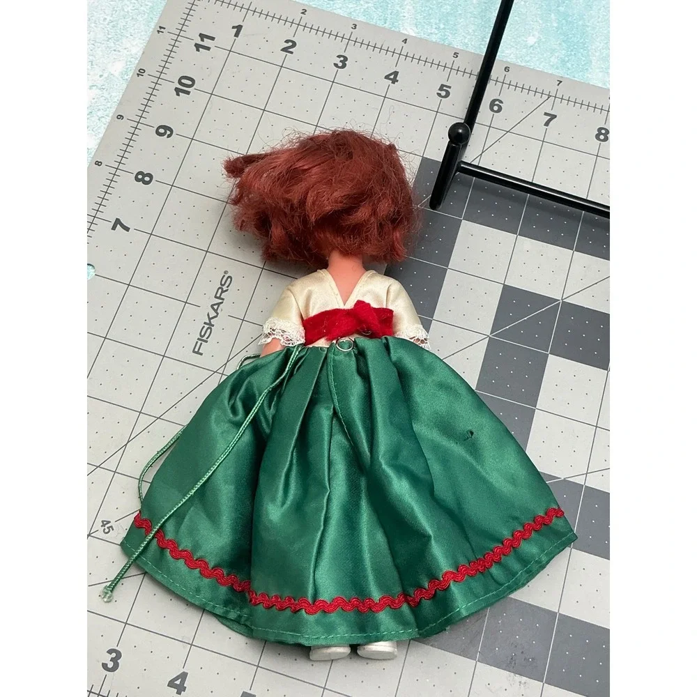 Vintage Miniature Doll Red Hair Green Sleep Eyes Folk Green Dress 7.5 Inch